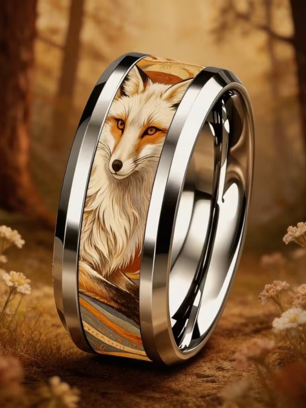 Silver Stainless Steel FOX Band Ring Size 8